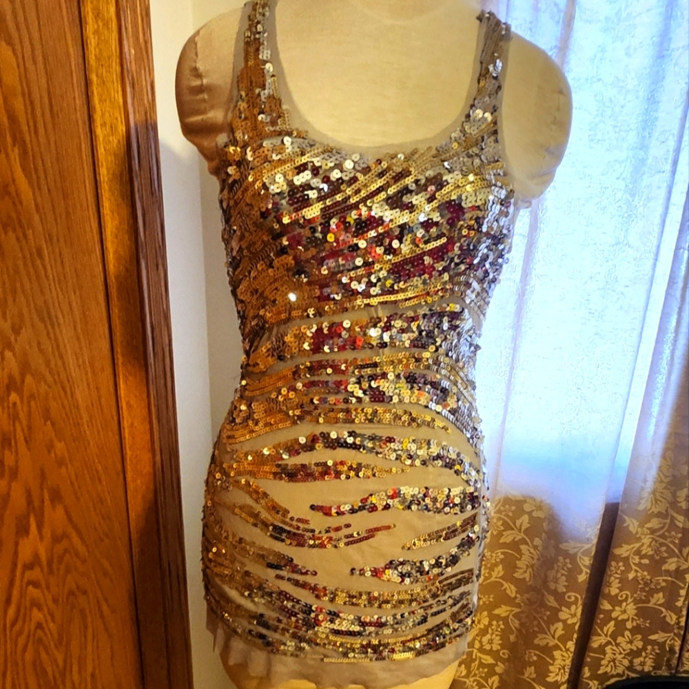 Y2K Juniors Top Sequin Embellished Gold Sz LG